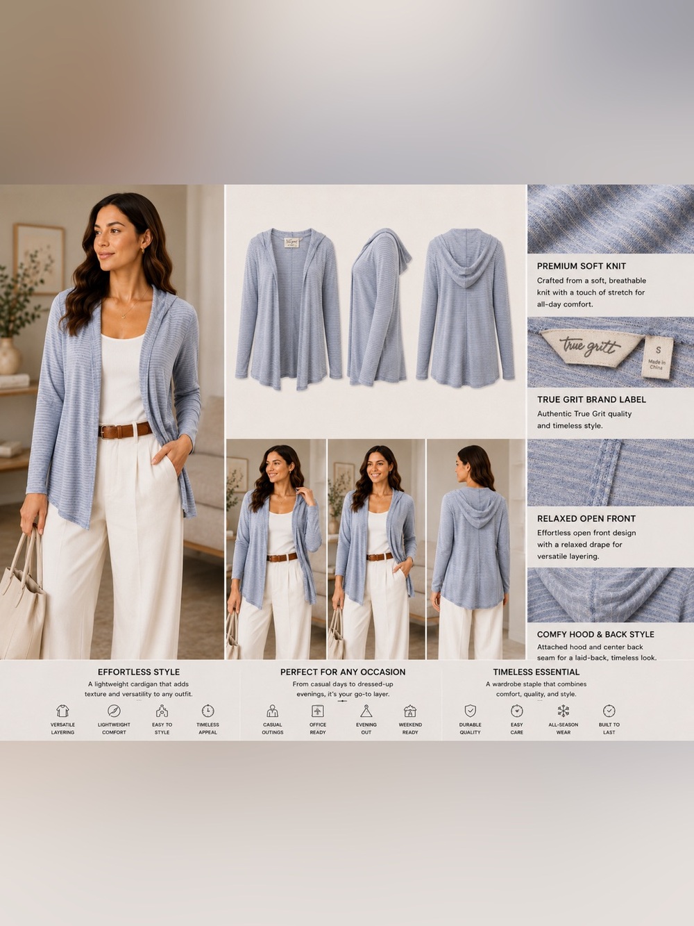 Light Blue Hooded Open-Front Women’s Sweater Cardigan